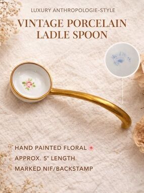 Vintage Hand Painted Porcelain Ladle Spoon Gold Handle Floral